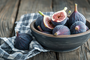Fresh figs in bowl with napkin on wooden table, a Food & Drink Photo by AlyaAnd