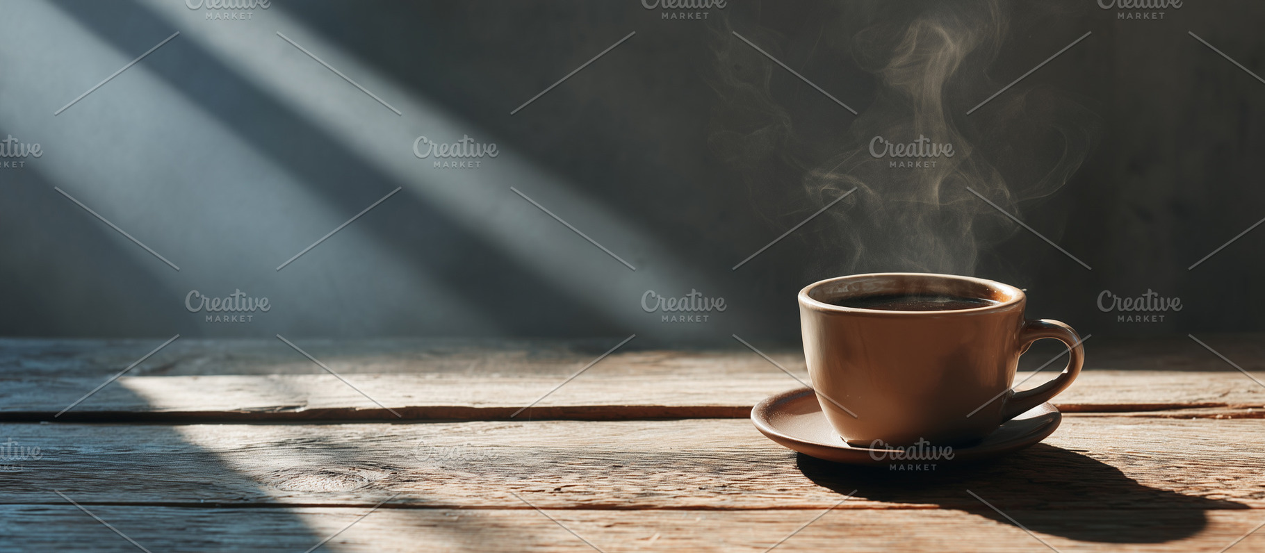 Steaming cup of coffee on a rustic, a Food & Drink Photo by MistyDay