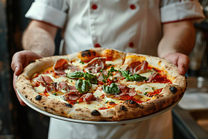 Male chef with hot pizza in restaurant, a Food & Drink Photo by AlyaAnd