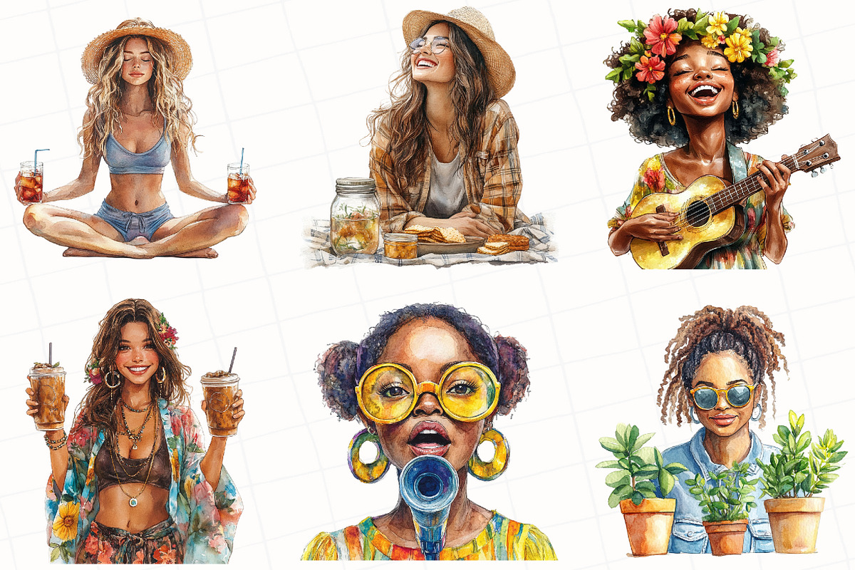 Watercolor Hippie Ladies Clipart, an Illustration by OK Design (Photo 4 of 5)