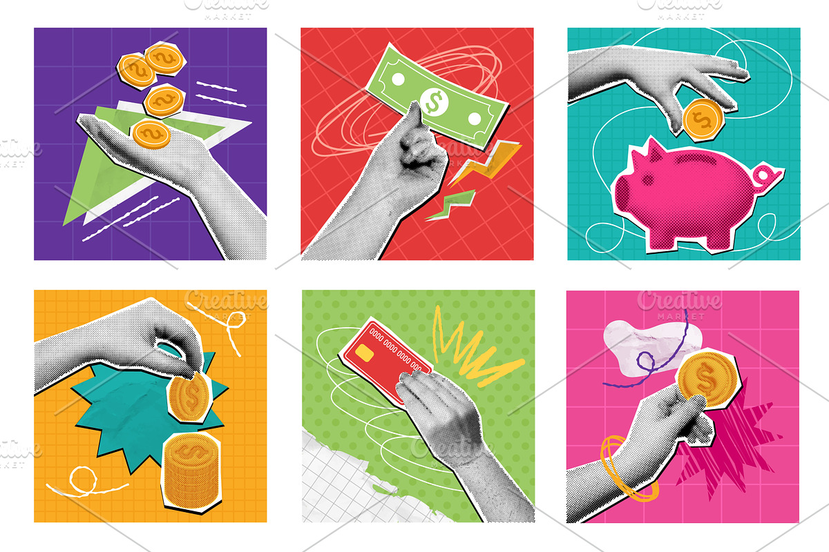 Halftone money collage. Mixed media, a Finance Illustration by winwin.art