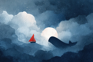 Whale and sailboat at night, a Photo by Beautiful things