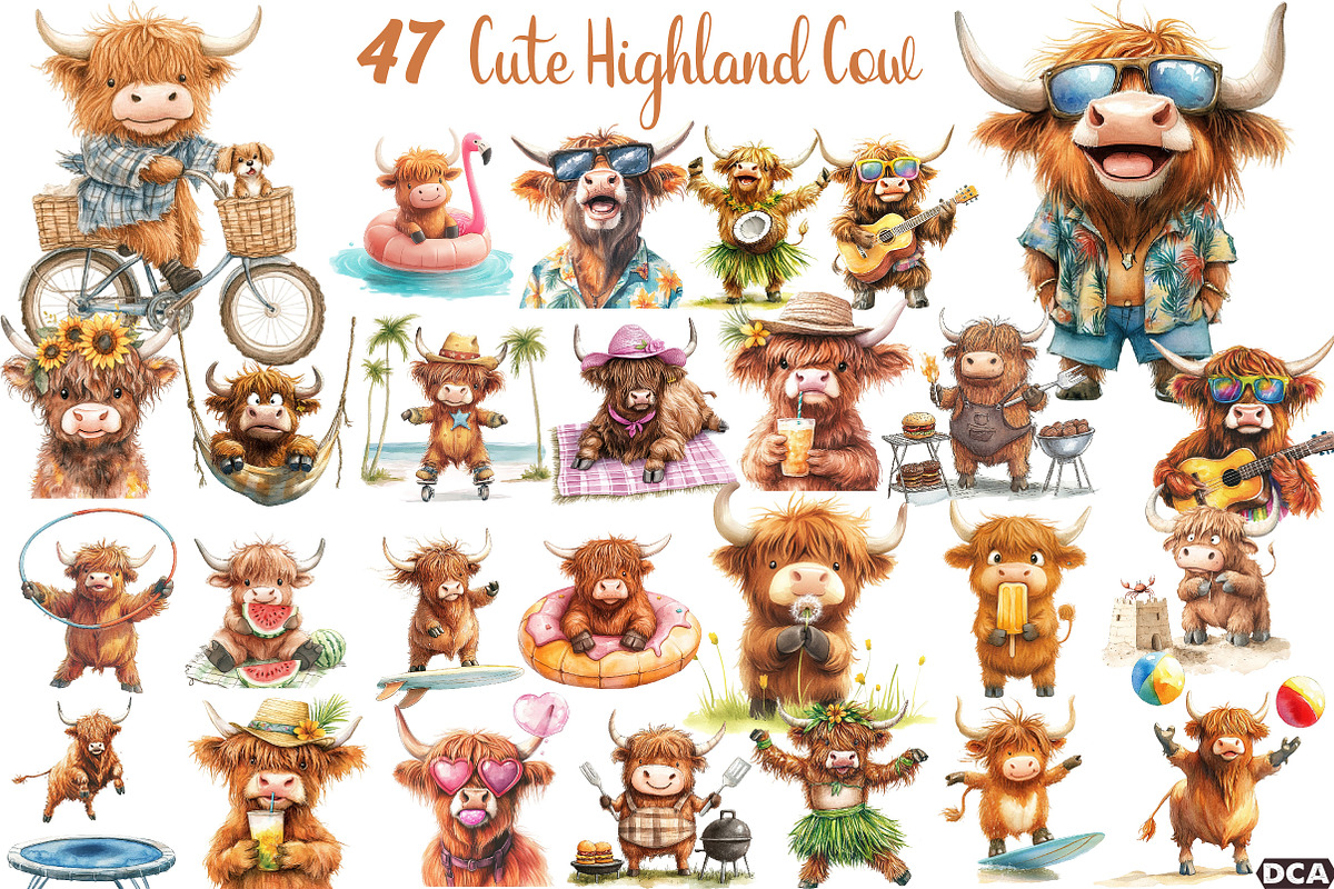 Summer funny  Cute Highland Cow, an Illustration by DreamCafeArt (Photo 1 of 3)