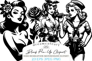 Ink-Drawn Black Pin-Up Clipart, an Illustration by DreamCafeArt