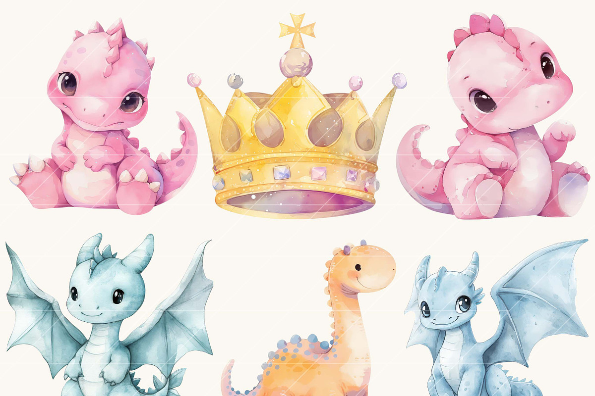 Watercolor Cute Dinosaur Clip Art, an Animal Illustration by SparkyDesignsUS (Photo 2 of 9)