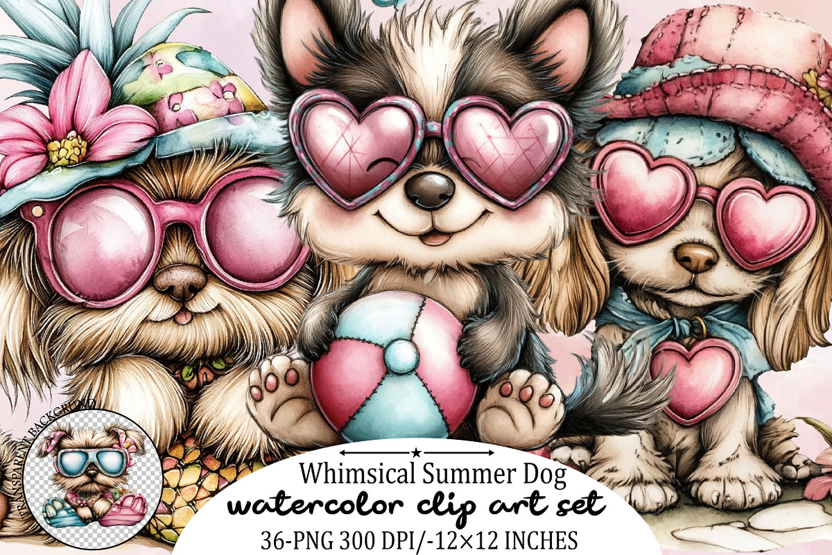 Whimsical Summer Dog Clipart Bundle., an Illustration by SVGArt (Photo 1 of 9)