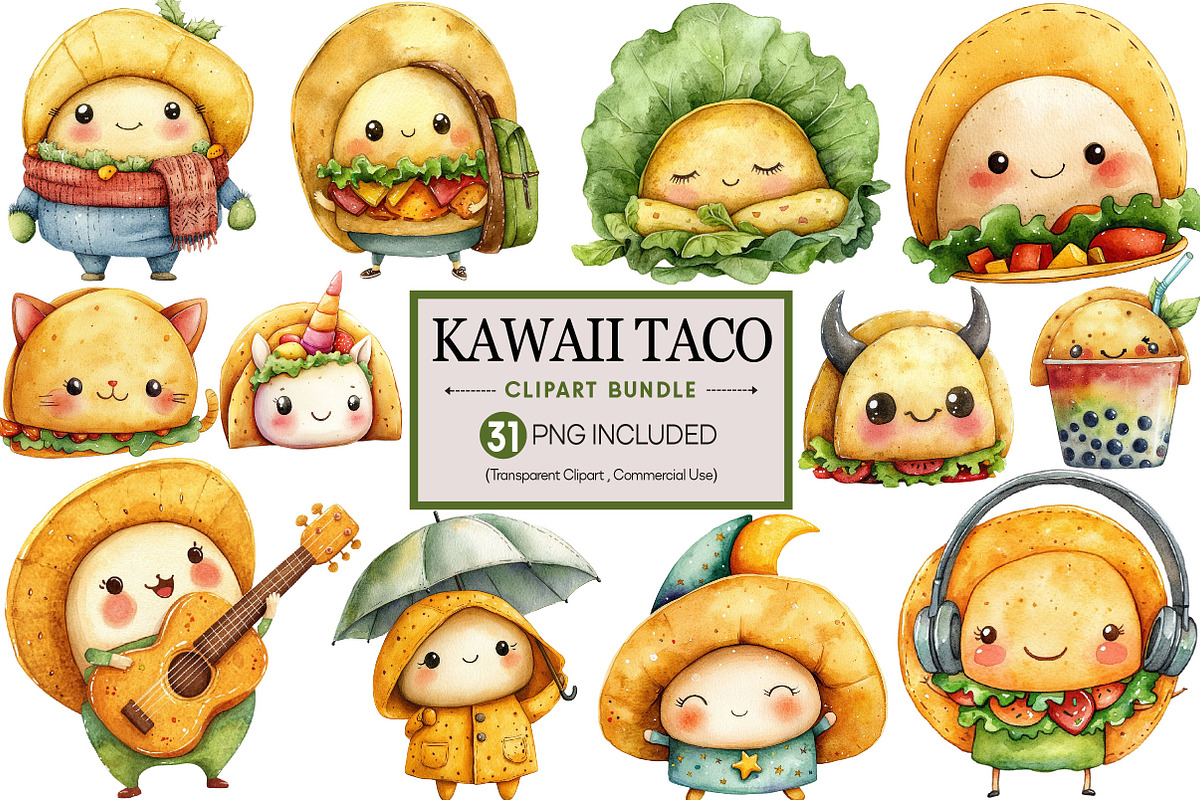 Kawaii Taco Clipart Bundle, an Illustration by Pixels.Craft (Photo 1 of 7)