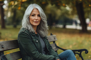 Mature woman with gray hair sitting on a park bench enjoying a peaceful moment, a Person Photo by AlyaAnd