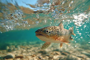 Trout swimming gracefully in clear water above pebbled riverbed, a Photo by AlyaAnd