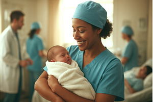 Caring nurse cradles newborn baby in, a Health & Medical Photo by Ungvar Studio