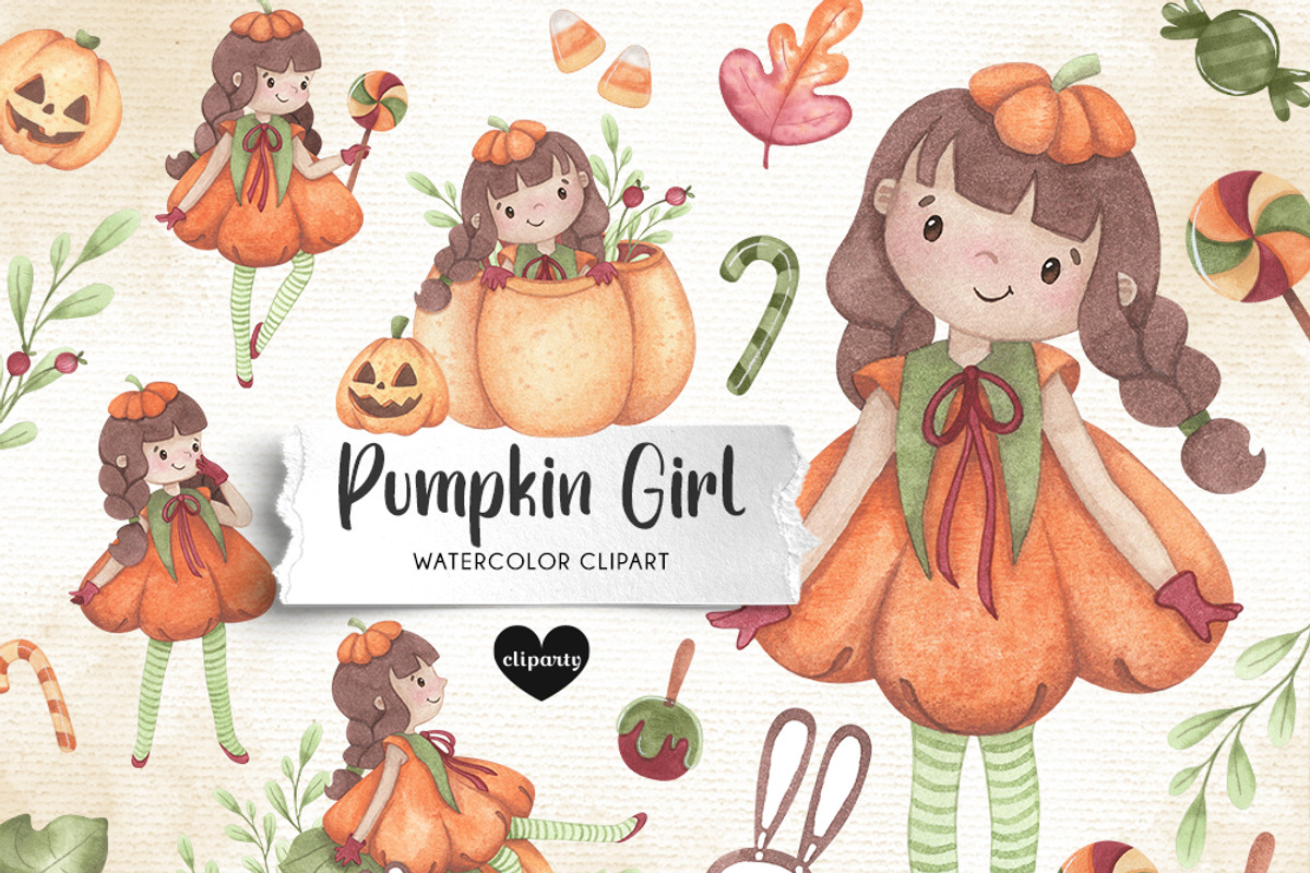 Pumpkin Girl Watercolor Clipart, an Illustration by GauSilvaStudio (Photo 1 of 5)