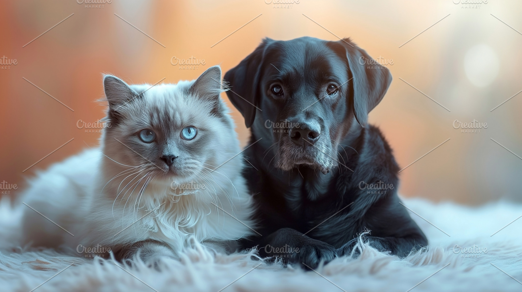 A fluffy white cat and a black Labrador relax together on a cozy rug, showcasin, an Animal Photo by ImageMir