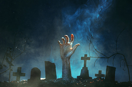 Zombie hand rising out of a graveyar stock photo containing apocalypse and art
