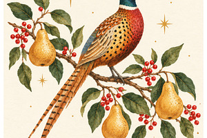 Square vintage watercolor Christmas illustration of a colorful p