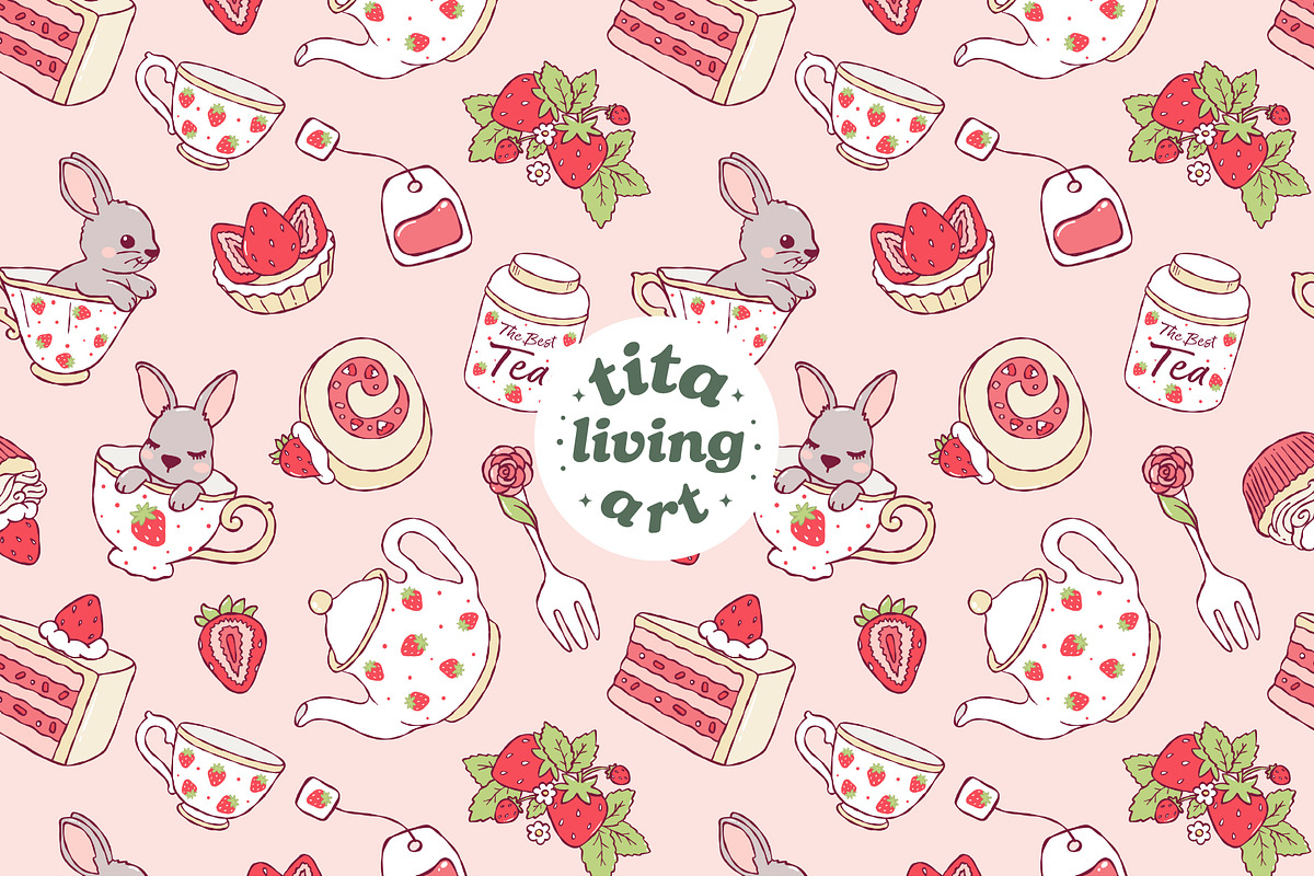 Strawberry Tea Time Seamless Pattern, a Food Illustration by TitaLivingArt (Photo 1 of 10)