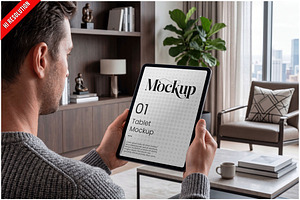 Men Holding Tablet Living Room PSD, an iPad Mockup by Bruno's Shop