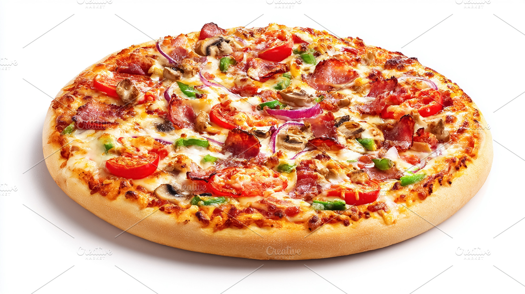 Delicious baked pizza with salami, bacon, mushrooms, onions, bel, a Photo by Studio ANNA