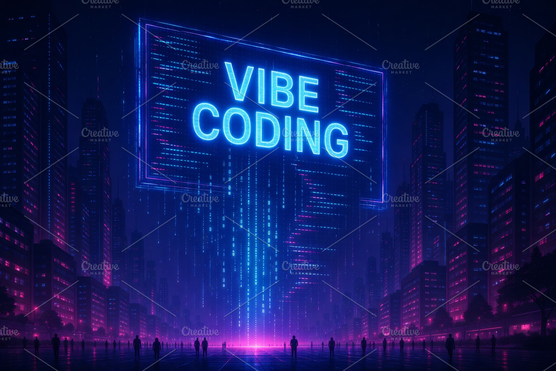Vibe coding futuristic digital cityscape in neon lights with blu, a Photo by Dvoevnore photos