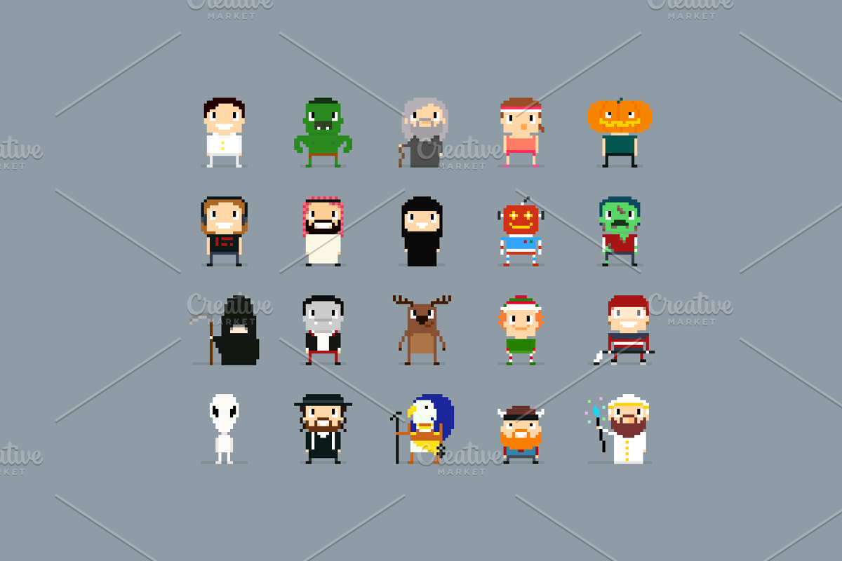 100 Pixel Art Characters, a Person Illustration by chewkotski (Photo 6 of 6)
