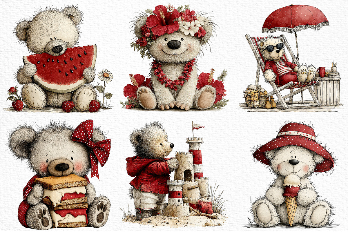 Whimsical Summer Teddy Bear Clipart, an Illustration by Craft Nest (Photo 4 of 11)