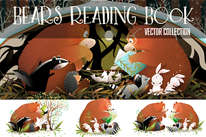Bears Reading Book with Animals