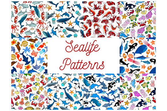 Sea Life Animals And Fishes Patterns by Vector Tradition  Creative Market