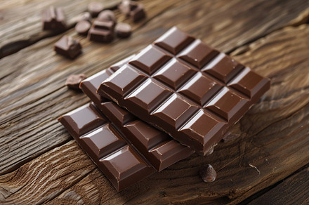 Milk chocolate bar on wooden background, a Food & Drink Photo by AlyaAnd