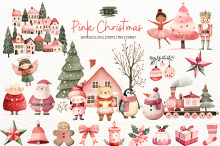Pink Christmas Watercolor Clipart, a Seasonal Illustration by SugarCloudStudioArt