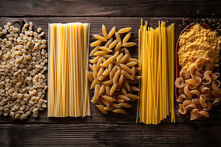 Various kind of uncooked pasta. Generative AI, a Food & Drink Photo by AlyaAnd