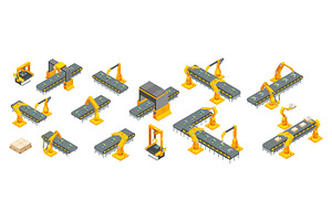 Isometric industrial conveyor line, a Technology Illustration by Yayasya