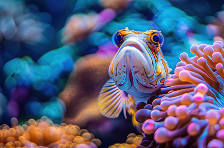 Jawfish in aquarium with blue water and corals, an Animal Photo by AlyaAnd