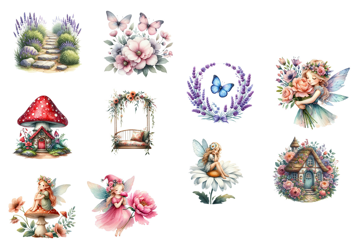 Fairy Garden Watercolor Clipart, an Illustration by Designworld (Photo 4 of 5)