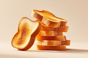 Stack of toasted bread slices on beige background, a Food & Drink Photo by AlyaAnd