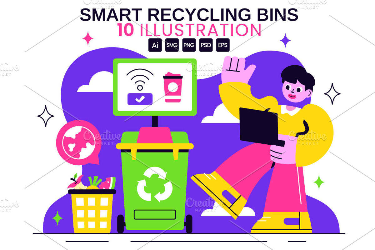 10 Smart Recycling Bins Illustration, an Illustration by denayunebgt (Photo 1 of 4)
