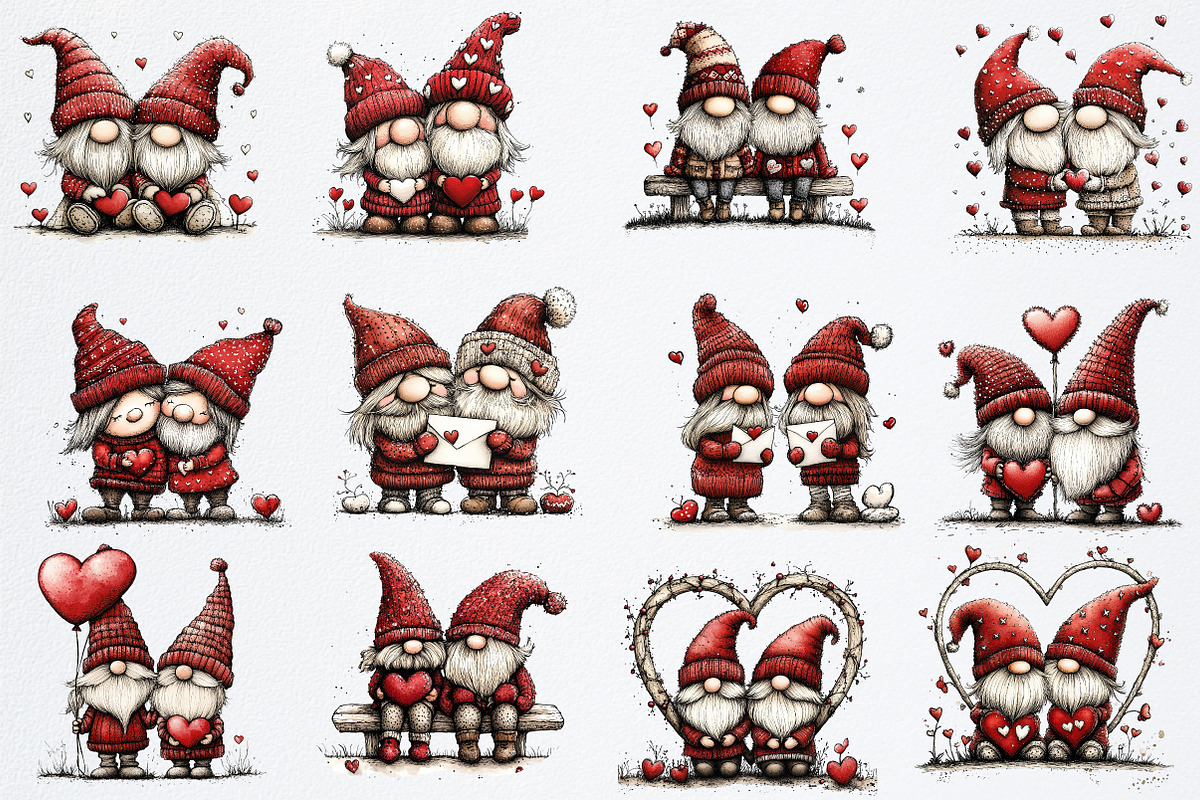 Valentine Gnome Couple Clipart, an Illustration by Watercolor design (Photo 2 of 5)
