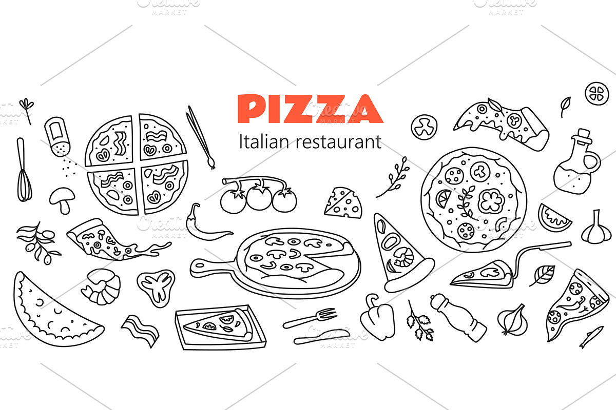 Doodle pizza banner. Italian, a Food Illustration by winwin.art