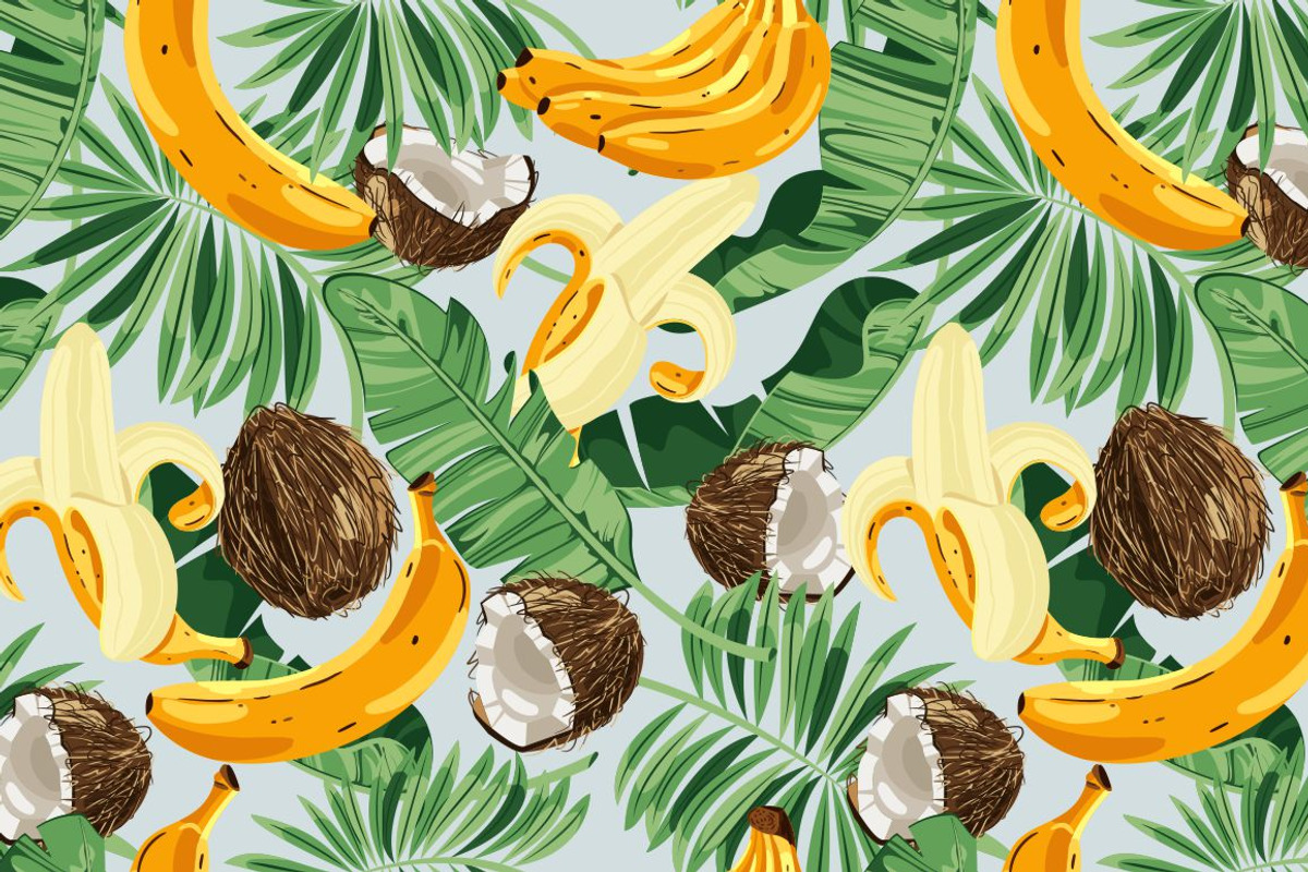 Seamless pattern with banana leaves, bananas and coconuts. Vector illustration., a Food Illustration by dv_illustration
