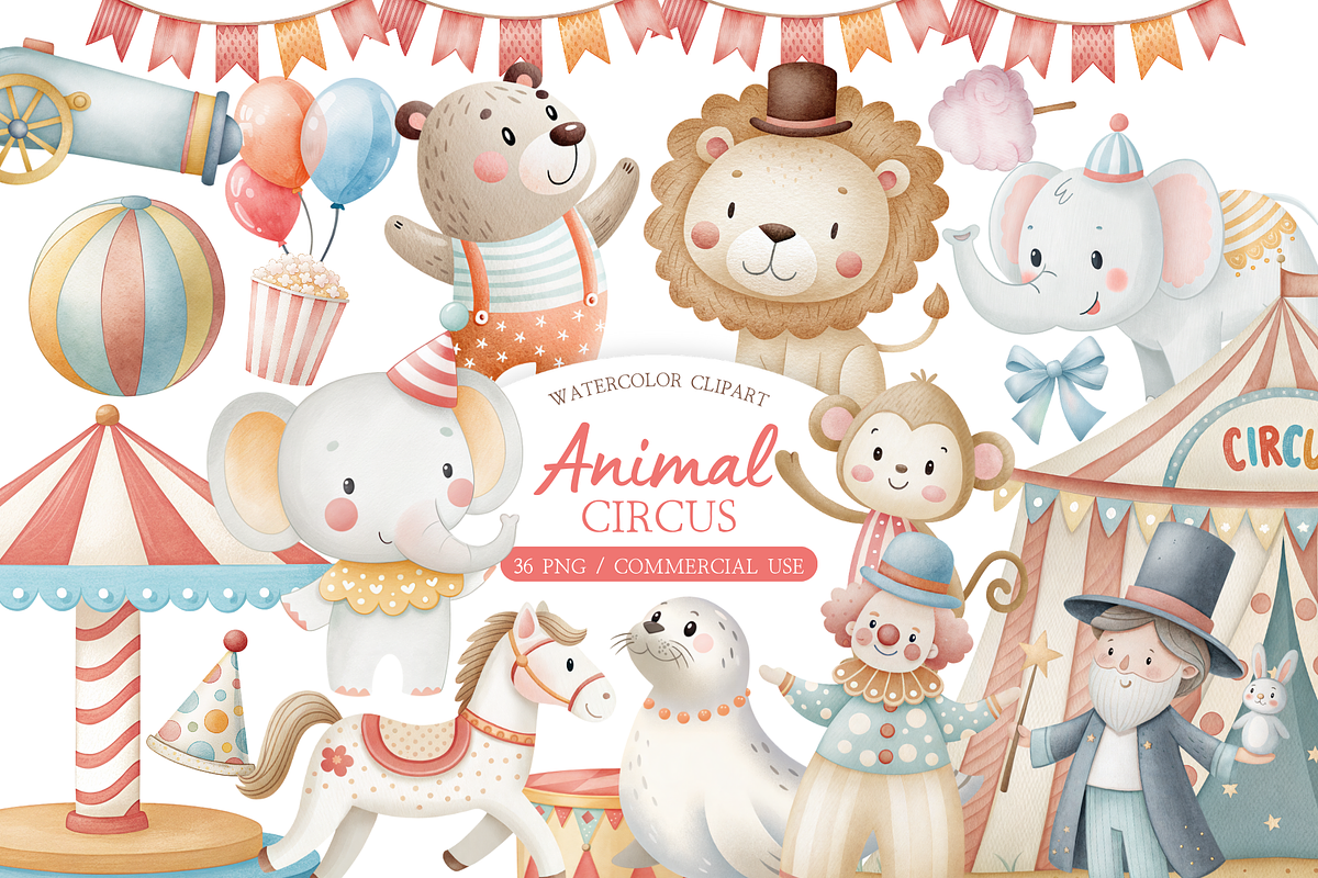 Watercolor Animal Circus Clipart Set, an Illustration by MockupWizard (Photo 1 of 6)