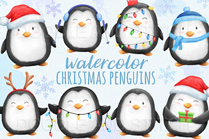 Christmas Penguins Watercolor