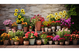 outdoor flower pots ai generated, a Nature Photo by pikepicture