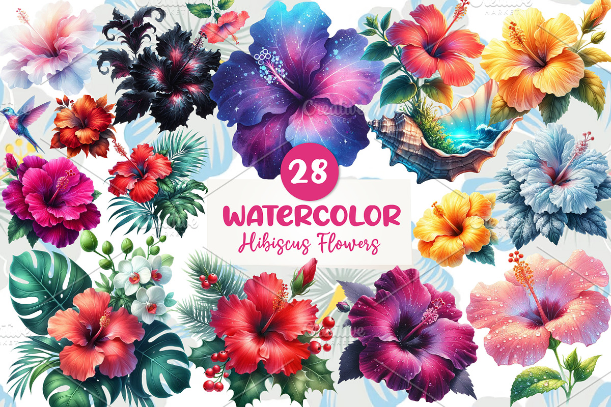Watercolor Hibiscus Flowers Clipart, an Illustration by CreationArt (Photo 1 of 5)