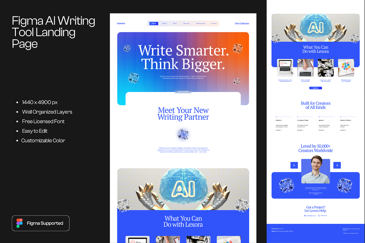 Figma AI Writing Tool Landing Page, a Landing Page Template by Musara (Photo 1 of 5)