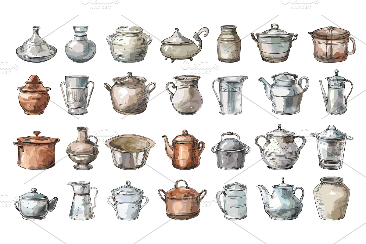 Watercolour Metal Pots Different, an Object Illustration by LadadikArt