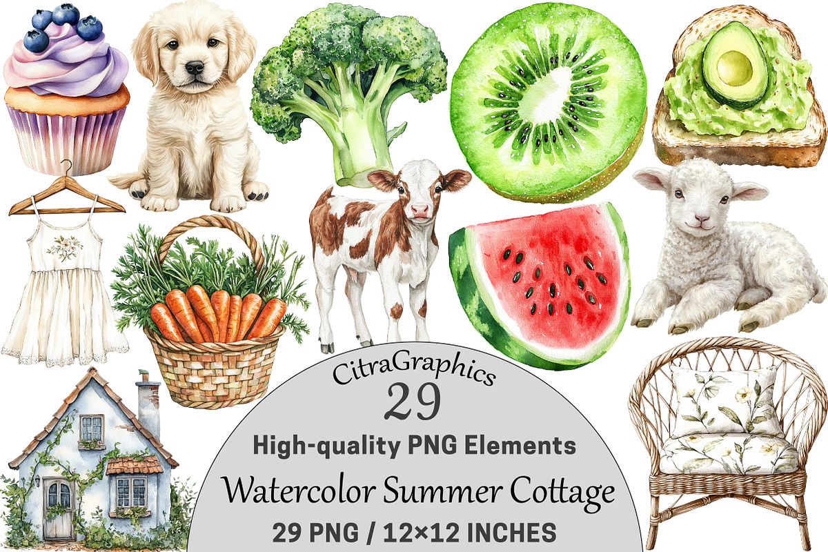 Watercolor Summer Cottage Clipart, a Seasonal Illustration by CitraGraphics (Photo 1 of 6)