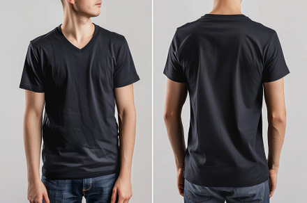 A young man models a black v-neck sh, a Photo by Tanuart