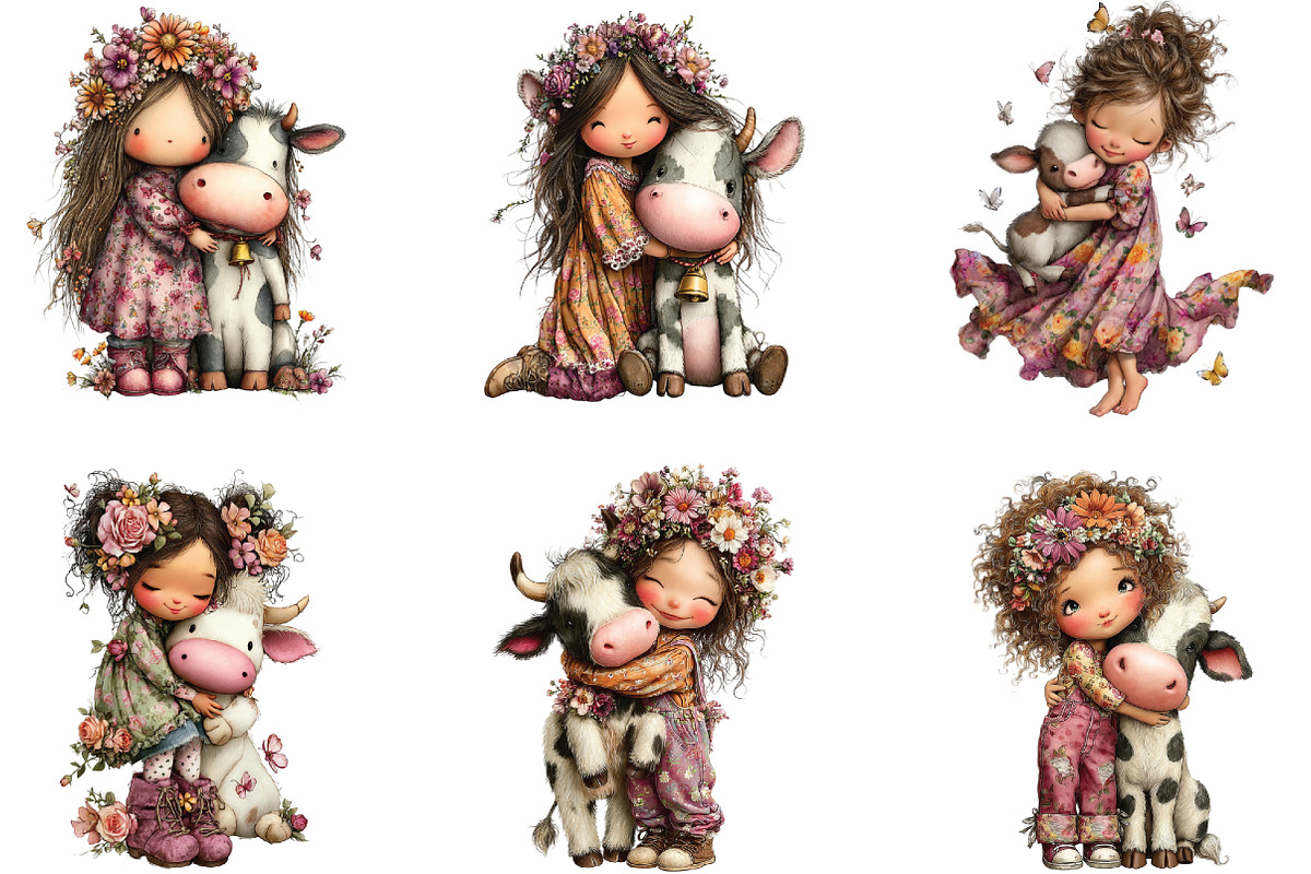 Whimsical Girl Hugging Cow Clipart, an Illustration by CraftArtStudio (Photo 6 of 6)