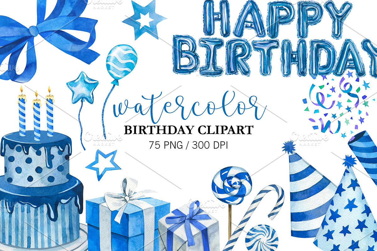Watercolor Blue Birthday Party PNG, an Object Illustration by PatternPalette (Photo 1 of 6)
