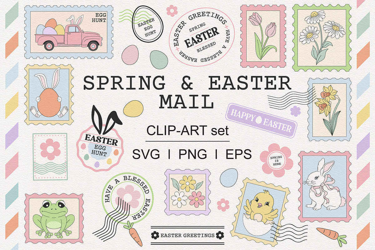 Spring Easter Mail Postage Stamps, a Seasonal Illustration by @olga.angelloz (Photo 1 of 3)
