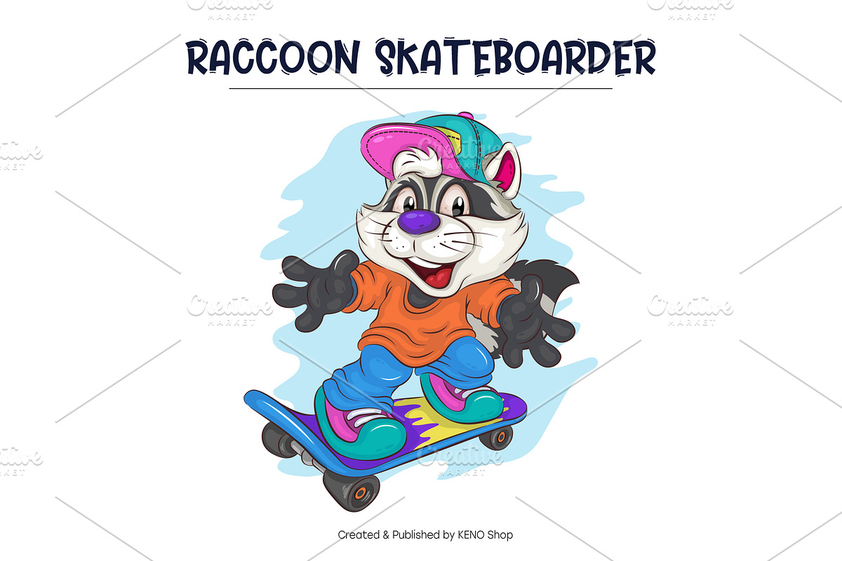 Cute Cartoon Raccoon on a skateboard, an Animal Illustration by KENO Mascots (Photo 2 of 3)