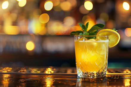 A vibrant cocktail with a slice of l, a Photo by Tanuart